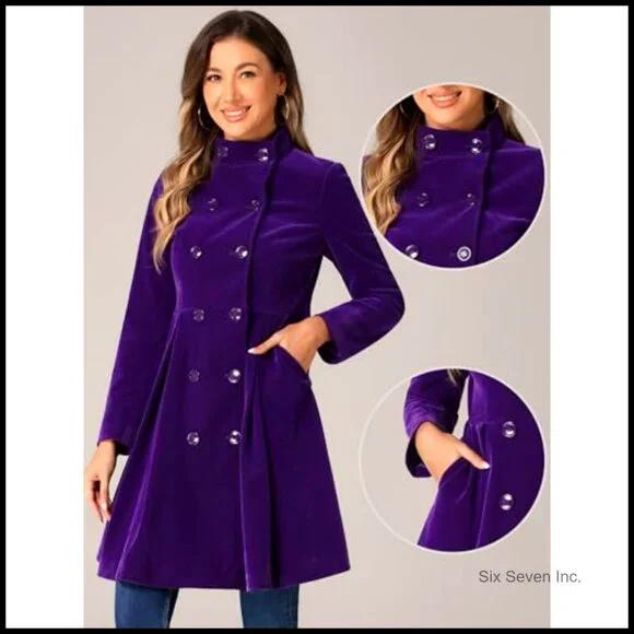 Velvet Trench Coat with Puff Sleeves, A-Line Double Breasted Winter Coat